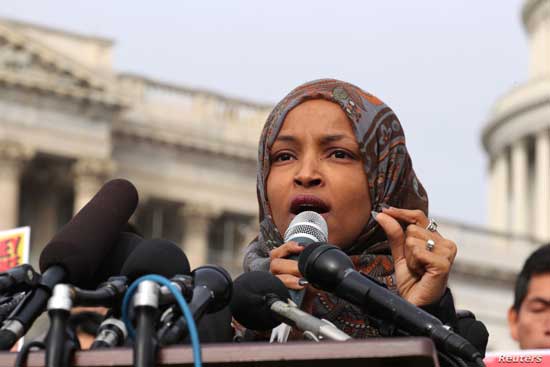 FILE - U.S. Representative Ilhan Omar participates in a news conference at the U.S. Capitol in Washington, Feb. 7, 2019.