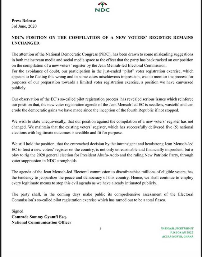 Press Release: NDC’s position on the compilation of a new voters’ register remains unchanged