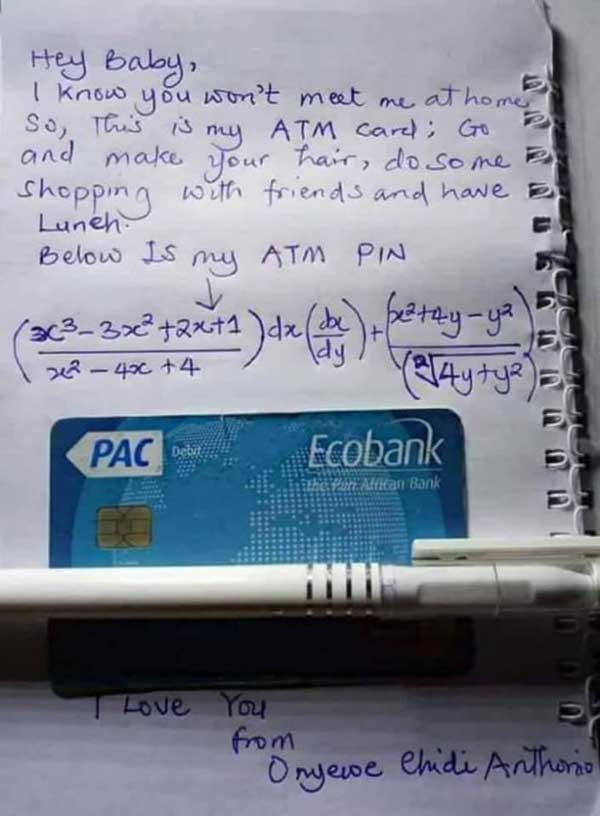  Man gives girlfriend mathematical formula to his ATM card